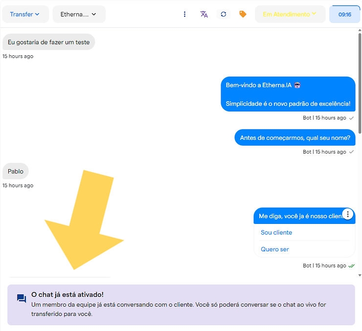 Chat ativado por outro atendente